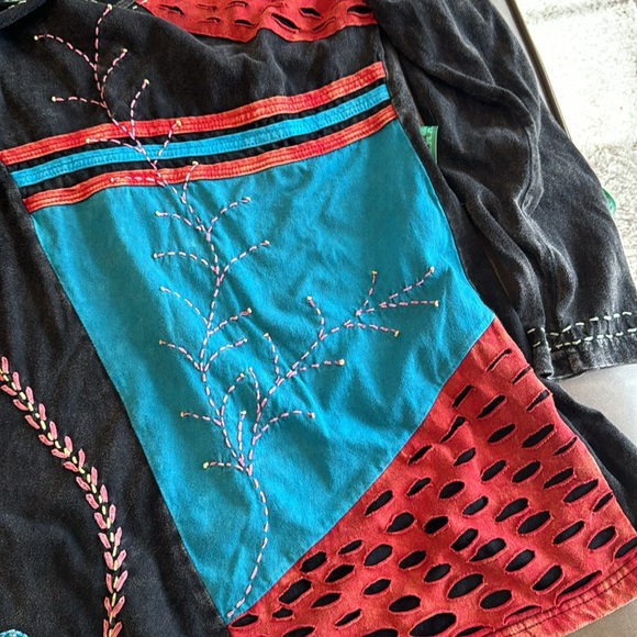 Boho Nepalese Embroidered Floral Black Multicolored Cotton Mini Dress Size Small - Picture 9 of 10